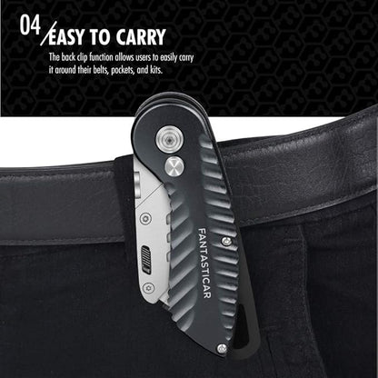 FantastiCAR Folding Utility Knife, Quick Blade Change Box Cutter, Anti-slip Metal Body, with Safety Lock and 5 Extra Blades (Grey)