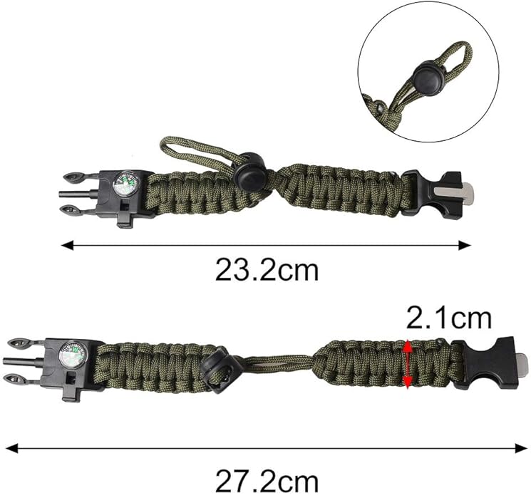 Survival Paracord Bracelet Flint Fire Starter Scraper Compass Wilderness Survival Whistle Adjustable Wristband 2Pack Black&Armygreen