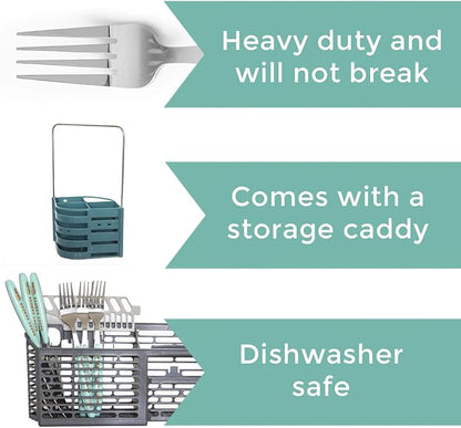 Silverware Flatware Cutlery Set - Stainless Steel 24 Pc Flatware Set With Silverware Caddy Service for 6 | Dishwasher Safe Camping Set Flatware for Travel, Small Spaces and Outdoor Use