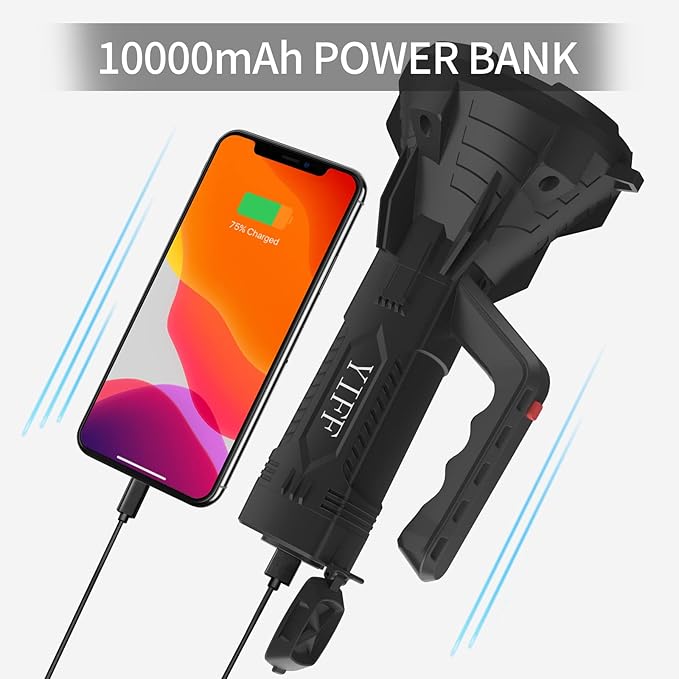 6000 High Lumen LED Spotlight with 20Hrs Ultra-Long Running & 10000mAh Power Bank, IP66 Waterproof Spot Lights Outdoor Handheld for Boating, Hunting, Fishing, Camping