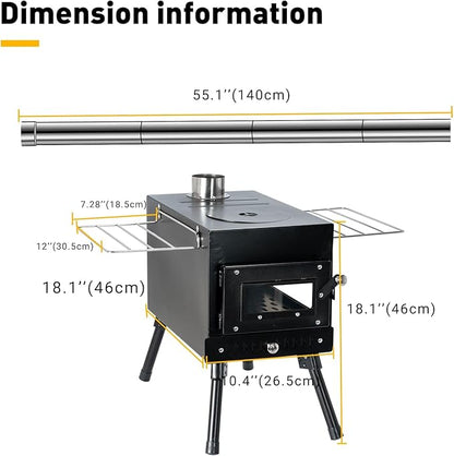 Outdoor Camping Stove Camp Tent Stove, Portable Wood Burning Stove with Chimney Pipe for Tent, Shelter, Camping Heating and Cooking (Pipe Diameter: 2.95")