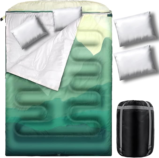 Double Sleeping Bag for Adults with Pillow Queen Size Waterproof Two Person Sleeping Bag for Outdoor Camping Hiking Backpacking All Season Cold Warm Weather
