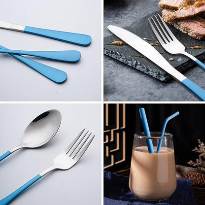Travel Utensils with Case，Reusable Travel Cutlery Set with Case Stainless Steel Flatware Set for Camping 8pcs Including Dinner Knife Fork Spoon Chopsticks Boba Straw (Shining Blue)