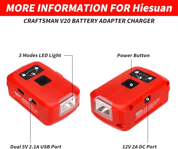 Battery Adapter Charger for Craftsman V20 Li-ion Battery Power Source with 3W 140LM LED Light, 2 USB Ports, 12V DC Port Flashlight Worklight Outdoor Camping Lantern Light