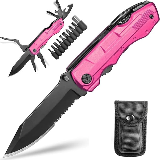 Gifts for Women Mom Wife Girlfriend, Pink Multitool Pocket Knife，Tactical Knife for Camping, Emergency, Outdoor, Daily Use, Unique Mothers Day Birthday Anniversary Valentines Day Gift Ideas for Women