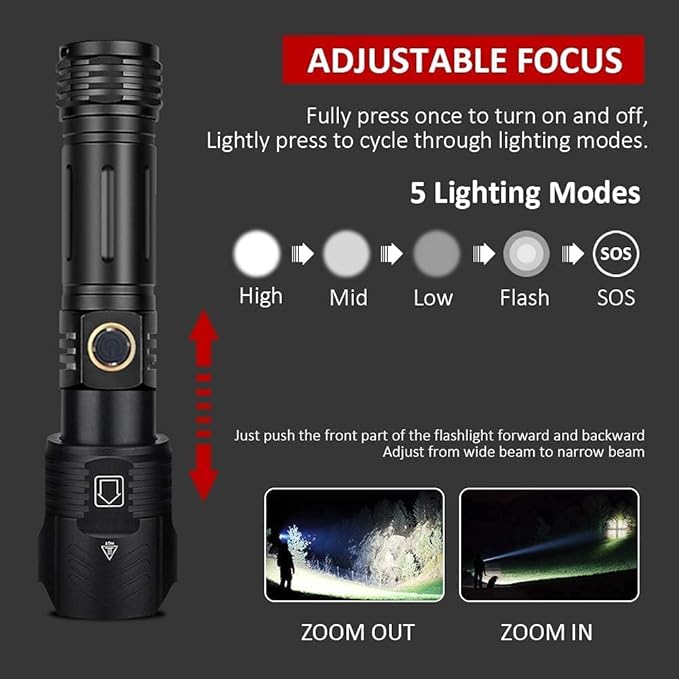 Flashlights Rechargeable High Lumens, 1200000 Lumens LED Tactical Flashlight, Powerful Super Bright Zoomable Handhed Flash Light Waterproof 5 Modes Best for Outdoor Camping
