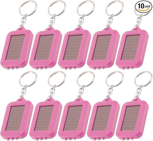 10 Pack Solar Mini Keychain Light Pocket Tiny LED Flashlight Rechargeable, Bright Small Flashlights Torch for EDC, Emergency, Power Outage,Camping, Party Favors (Pink)