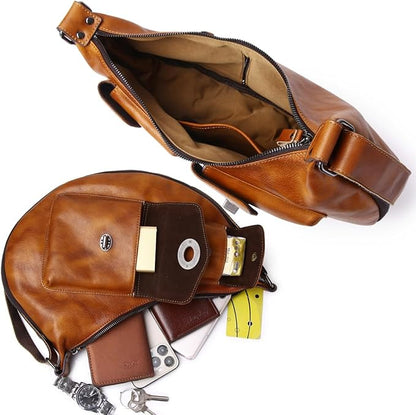 KPYWZER Genuine Leather Sling Bag for Men Women Crossbody Purse Chest Bag Shoulder Backpack Motorcycle Pack Satchel Casual Hiking Travel Daypack