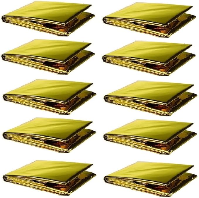 GALAXYLENSE Emergency Mylar Thermal Blanket for Survival First Aid Kits Army Outdoors Hiking Camping Bug Out Trauma Desert All Weather Condition Protection (10 Packs Gold)