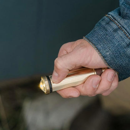 Barebones Mini Flashlight - Rechargeable 4-Inch Flashlight Great for Camping, Travel, and More - Antique Style Flashlight with 4 Light Settings and a Copper Magnetic Base (Brass)