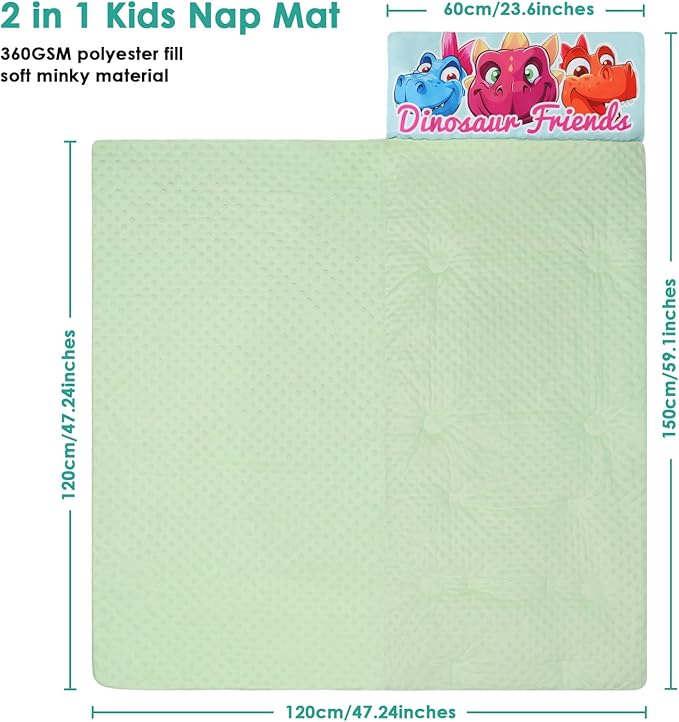 Kids Sleeping Bag Toddler Nap Mat with Removable Pillow, Large Foldable Sleeping Bag for Girls Boys, Easy Clean Slumber Bag with Double Zip for Camping School Preschool Daycare, 59×24 inch