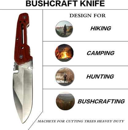 HelloWZXD Bushcraft Knife Full Tang Bush Knife - 0.2’’ Thick Fixed Blade Knife Stainless Steel - 9” Camping Knife w Sheath - Survival Hiking Hunting Camping Knives & Bushcraft Tool, wood