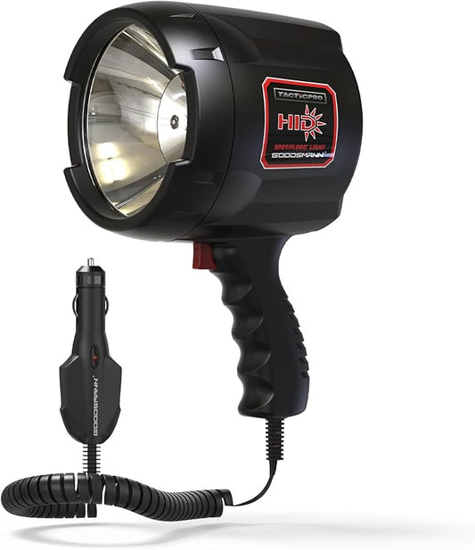 GOODSMANN 2000 Lumen Handheld Spotlight HID Spot Light with 12V DC Car Charger Trigger Activated Floodlight Camping Flashlight for Sailing Patrolling Fishing Hunting Hiking Road Trips