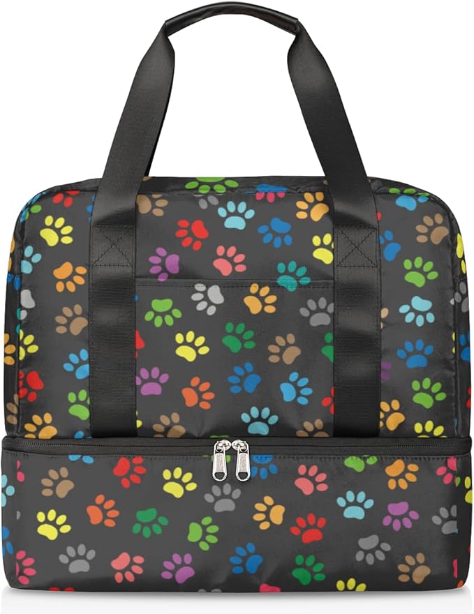 Sports Gym Bag Colorful Dog Paw Print Travel Duffel Bag Waterproof Lightweight Swim Bag Travel Tote Luggage Weekender Overnight Handbag Workout Bag with Shoes Compartment for Women Men