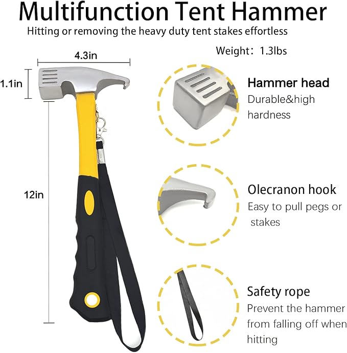 12 Pack Tent Stake with Hammer, 8in Heavy Duty Tent Stakes + 10in Camping Hammer+Storage Pouch, Forged Steel Tent Stakes for Camping Used on Rocks（12 Pack 8in Tent Stakes+Hammer）