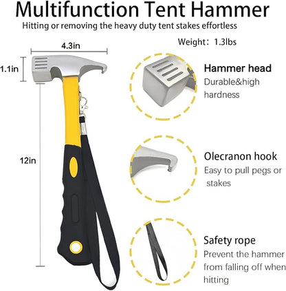 12 Pack Tent Stake with Hammer, 16in Heavy Duty Tent Stakes + 10in Camping Hammer+Storage Pouch, Forged Steel Tent Stakes for Camping Used on Rocks(12 Pack 16in Tent Stakes+Hammer