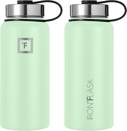 IRON °FLASK Camping & Hiking Hydration Flask, Wide Mouth, 3 Straw Lids, Stainless Steel Outdoor Water Bottle, Double Walled, Insulated Thermos, Metal Canteen - Mint, 32 Oz