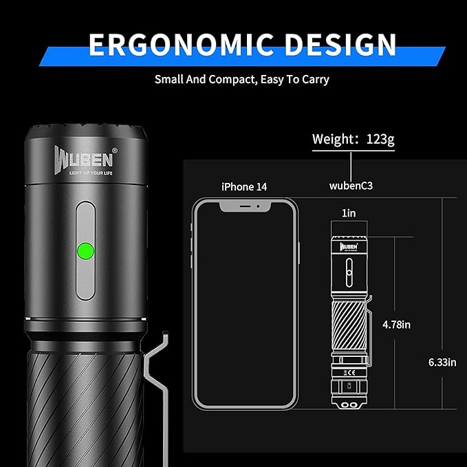 WUBEN C3 Flashlight 1200 High Lumens Rechargeable Flashlights 6 Modes Super Bright IP68 LED Tactical Flashlight for Camping, Home, Emergency, Rescue, Hunting, Inspection, Repair, Tool Gifts for Men