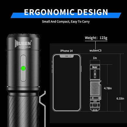 WUBEN C3 Flashlight 1200 High Lumens Rechargeable Flashlights 6 Modes Super Bright IP68 LED Tactical Flashlight for Camping, Home, Emergency, Rescue, Hunting, Inspection, Repair, Tool Gifts for Men