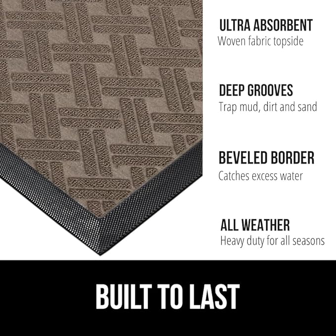 GORILLA GRIP 100% Waterproof All-Season WeatherMax Doormat, 72x24 Runner, Durable Natural Rubber, Stain and Fade Resistant, Low Profile, Indoor Outdoor Door Mats, Easy Clean Mat, Taupe Basket Weave