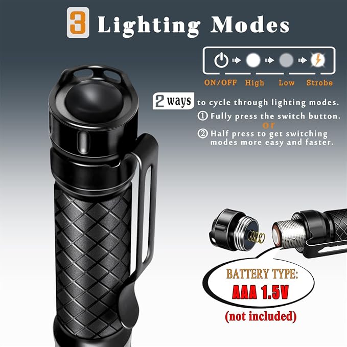 Mini Flashlight 3 Modes Small Flashlights LED Powerful High Lumens Tactical Pen Light with Clip,Slim Portable Pocket Compact Torch for Emergency Inspection AAA Battery Water-Resistant (3.4 & 5.2 inch)