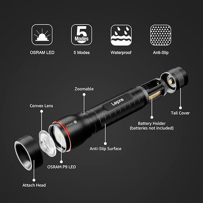 Lepro LED Tactical Flashlight, LE3000 High Lumen Streamlight Torch, 5 Lighting Modes, Zoomable, Water Resistant, Adopted by Osram P9 LED, Powered by AA Battery, for Camping, Running, Emergency