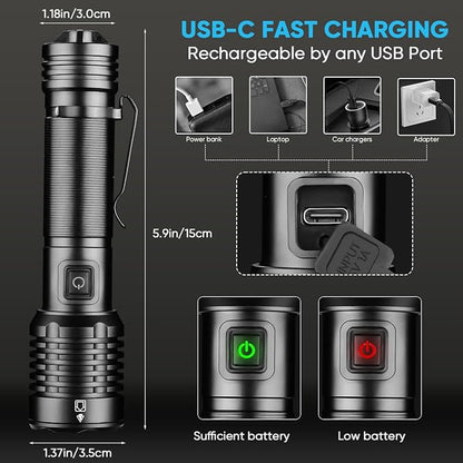 NAKCNM LED Flashlights High Lumens, Rechargeable Pocket Flashlight with Clip 5 Modes Super Bright 20000 Lumen, Waterproof Small Flashlights Powerful Flash Light for Home Outdoor Emergencies(2 Pack)