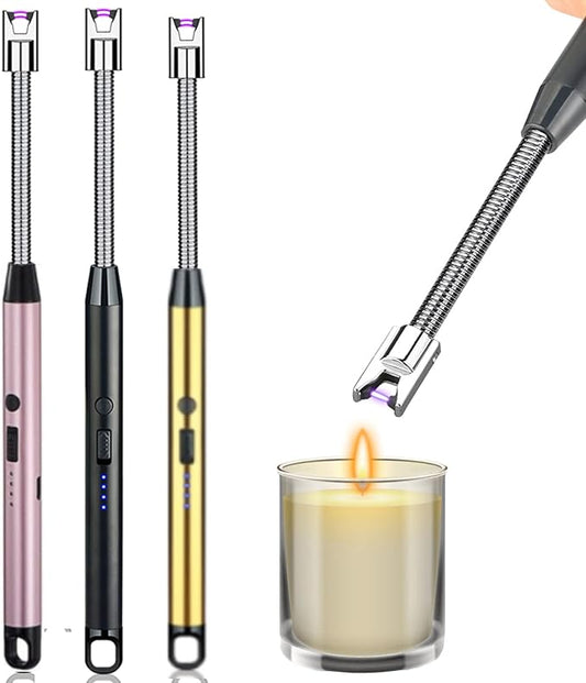 3 Pack Candle Lighter,Arc Lighter with USB Charging,Flameless Windproof,LED Battery Display,Safety Switch,Rotate 360 Degrees,for Aromatherapy,Candles,BBQ,Camping.(Pink&Black&Golden)