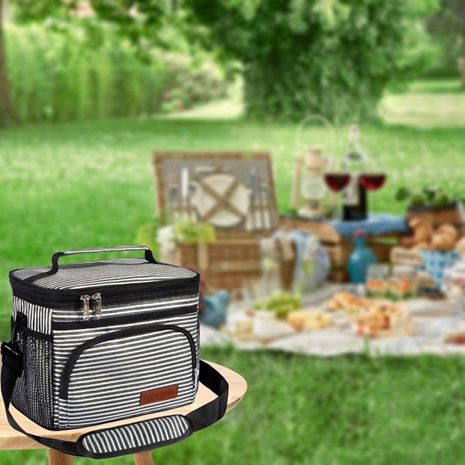 ExtraCharm Insulated Lunch Bag for Women/Men - Reusable Lunch Box for Office Picnic Hiking Beach - Leakproof Cooler Tote Bag Organizer with Adjustable Shoulder Strap for Adults - Stripe