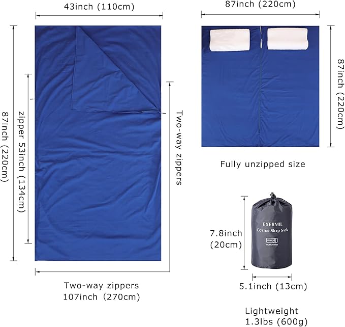 100% Cotton Sleeping Bag Liner with Full Length Zipper on 3 Sides; Single/Double Adult Sleep Sack for Travel & Camping, Multifunctional Travel Sheets (Unzipped 87”x87”) for Hotel, Lightweight