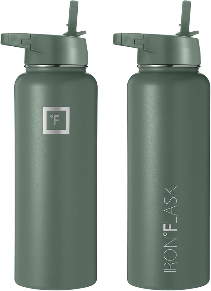 IRON °FLASK Camping & Hiking Hydration Flask, Wide Mouth, 3 Straw Lids, Stainless Steel Outdoor Water Bottle, Double Walled, Insulated Thermos, Metal Canteen - Sage, 40 Oz