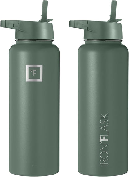 IRON °FLASK Camping & Hiking Hydration Flask, Wide Mouth, 3 Straw Lids, Stainless Steel Outdoor Water Bottle, Double Walled, Insulated Thermos, Metal Canteen - Sage, 40 Oz