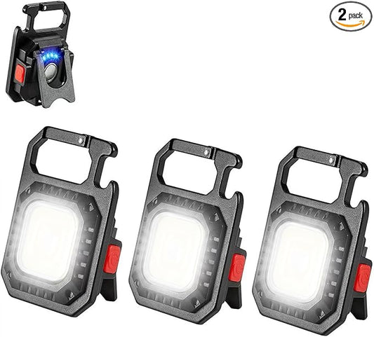 Cob Mini Keychain Flashlights 2000Lumen 7 Modes, Cob Light Rechagerable Light with Folding Bracket, Outdoor Flashlight as Bottle Opener and Magnet Base, Camping and Running (3 Pack)