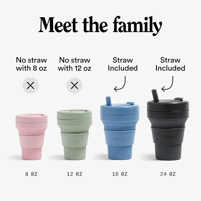 STOJO Titan Collapsible Travel Cup With Straw - Ink Black, 24oz / 710ml - Reusable To-Go Pocket Size Silicone Cup for Hot & Cold Drinks - Camping and Hiking - Microwave & Dishwasher Safe