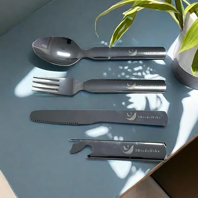 Camping Outdoor Flatware Set with Military-Grade Spoon, Fork, Knife,Bottle can opener & Multi-Tool - Stainless Steel Utensil Kit for Camping, Hiking, and Travel