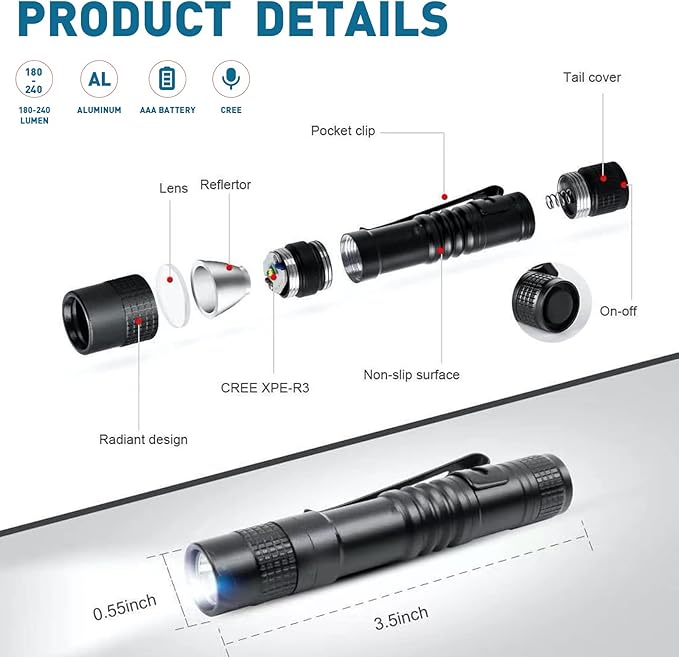 Mini Led Flashlights High Lumens Outdoor Small Tactical Flashlight Glow in The Dark 3.55 Inch Handheld Pen Light Clip for Camping Emergency Inspection Repair Battery Powered