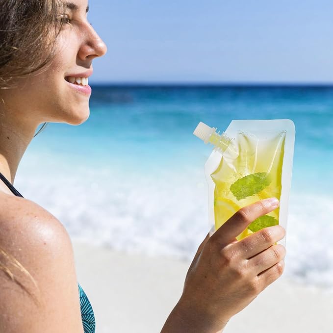 200 Pack Reusable Drink Pouches with 20 Pcs Funnel, 8 Oz Plastic Flasks, Leak-Proof Plastic Pouches for Drinks for Adults for Travel, Concerts