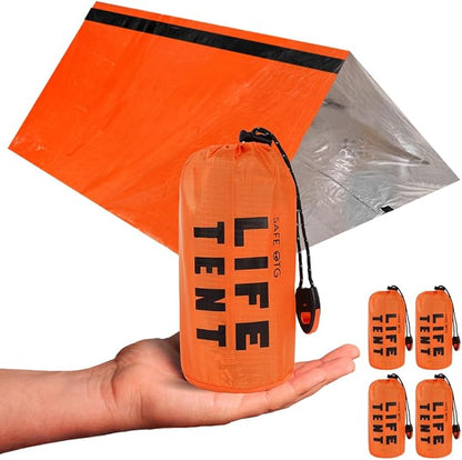 4 Pack Emergency Survival Tent Life Shelter 2 Person Mylar Tube Tents Tarp with Whistle & Paracord Year-Round All Weather Protection for Car Outdoor Hiking Camping Gear Equipment & First Aid Supplies