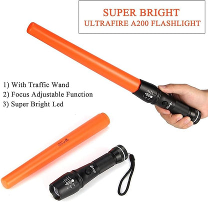 ULTRAFIRE 2PCS 16-Inch Signal Traffic Wand Safty LED Flashlight 980 Lumen, 5 Modes, Red Flashing Mode, Wrist Strap Lanyard, Magnetic Base, Orange Finish, for Kids Outdoor Camping Emergency, A200