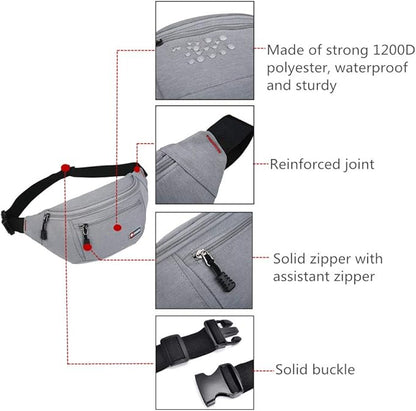 2 Packs Fanny Packs for Men and Women, Water Resistant Sports Waist Pack Bag Bum Bag for Travel Hiking Running (Black + Gray)