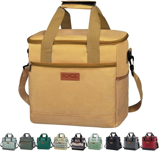 iknoe Large Cooler Bag Collapsible, 15L Insulated Bags, Leakproof Lunch Cooler Tote with Multi-Pockets for Adult, Insulated Lunch Box for Beach, Picnic, Work, Khaki 24-Can