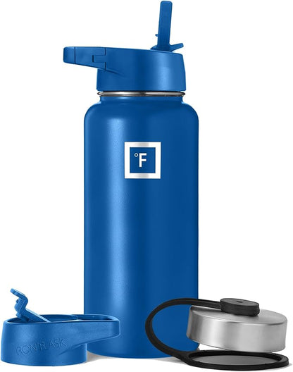 IRON °FLASK Camping & Hiking Hydration Flask, Wide Mouth, 3 Straw Lids, Stainless Steel Outdoor Water Bottle, Double Walled, Insulated Thermos, Metal Canteen - Cobalt, 32 Oz