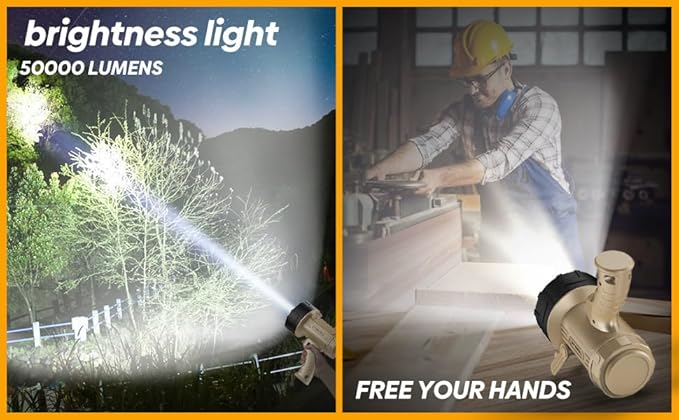 Rechargeable Spotlight, Handheld Spotlight with COB Light Source, IPX6 Waterproof &100000 Lumen LED, 10000mAh 20 Hour StandbyImpact Resistant Handheld Spotlight(Champagne)