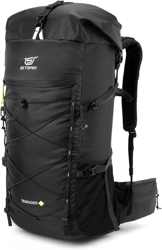 SKYSPER Hiking Backpack - 50L Roll Top Backpacking Backpack Lightweight Comfortable Breathable Camping Travel Pack for Men Women(Black)