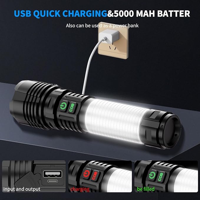 Flashlights High Lumens Rechargeable, 20,000LM Super Bright LED Flashlight with 360° COB Light, Hook, 8 Modes, Powerful Tactical Flash Light, Dual Button Pocket Small Flashlight for Camping,Emergency