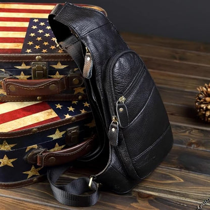 KPYWZER Genuine Leather Sling Backpack for Men Women Crossbody Shoulder Chest Bag Day Pack Outdoor Travel Camping Tactical Daypack Black