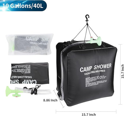 Camping Shower Protable Outdoor Solar Shower Bag 40L/10 Gallons (Black, 40L)