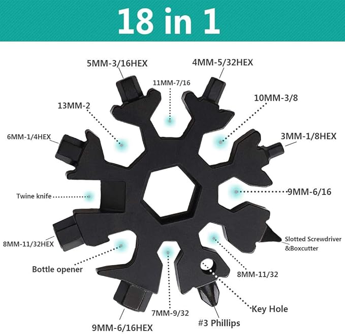 18-in-1 Snowflake Multi-Tool Screwdriver, Stainless Steel 18-1 Multitool Snow Tool (Black)