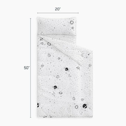 Wake In Cloud - Toddler Nap Mat with Pillow and Blanket, 100% Cotton Fabric, for Kids Boys Girls in Daycare Kindergarten Preschool, Roll Up Sleeping Bag, Black White Spaces, Standard