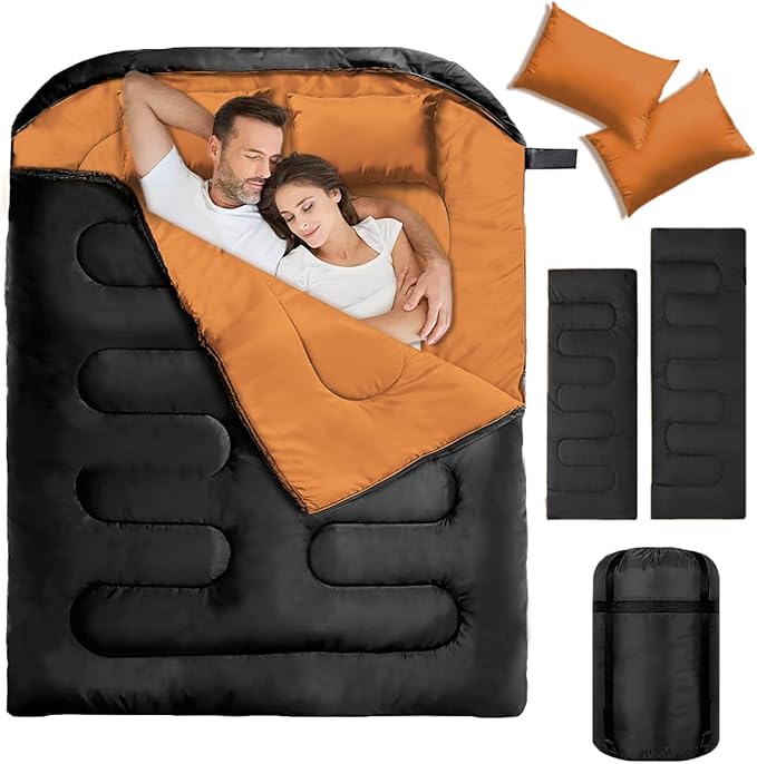 Double Sleeping Bags for Adults, 2 Person Camping Sleeping Bag for Cold Weather & Warm, Queen Size Sleeping Bag with 2 Pillow, Sleep Bag for Camping, Hiking, Backpacking
